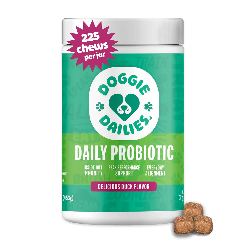 Doggie Dailies pot frontal montrant format 225 unités pour une utilisation prolongée