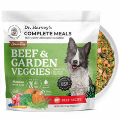 Dr. Harvey's emballage bœuf et légumes montrant l'étiquette et bénéfice recettes entières