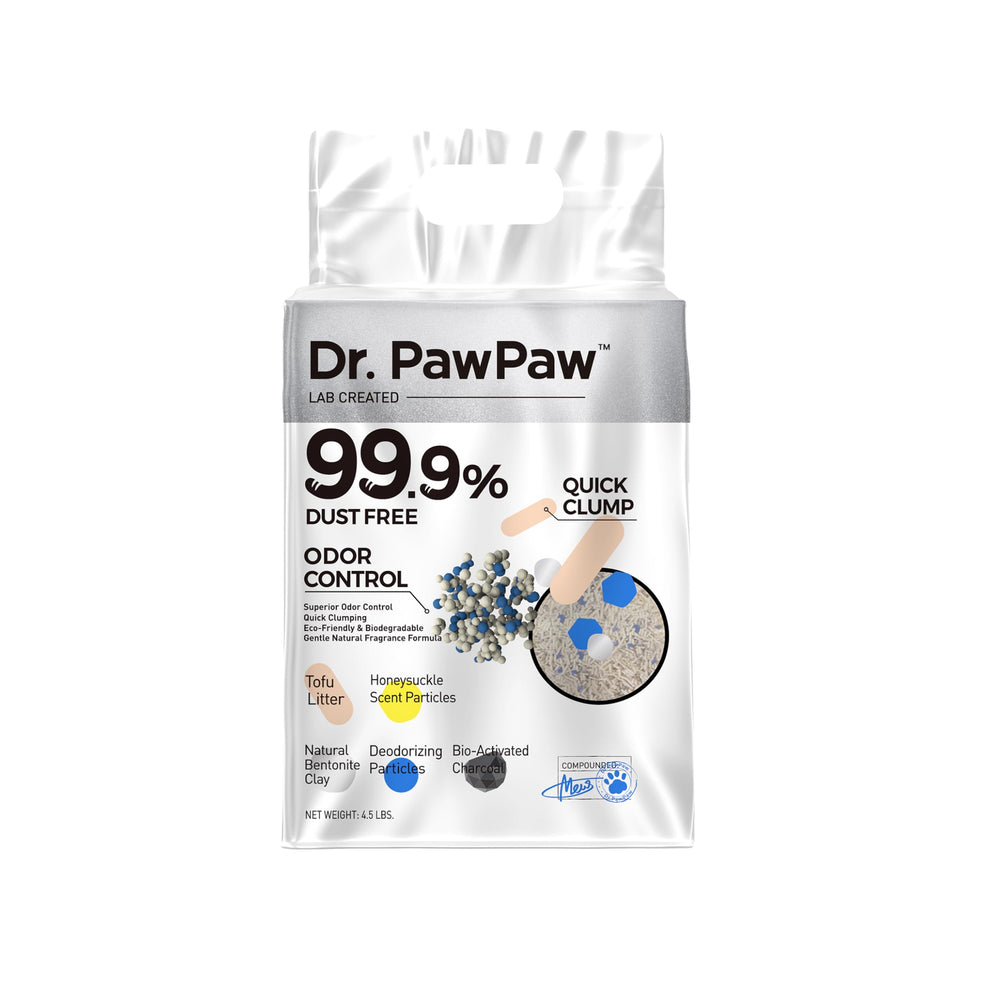 Dr. PawPaw emballage avant montrant litière tofu, confiance et propreté