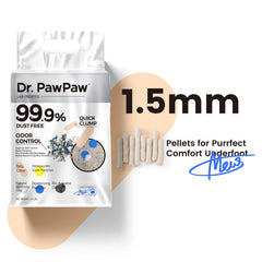 Dr. PawPaw litière dans bac en usage, facilité de nettoyage visible