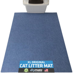Drymate tapis face avant bleu montrant design et dimensions, solution anti-litière