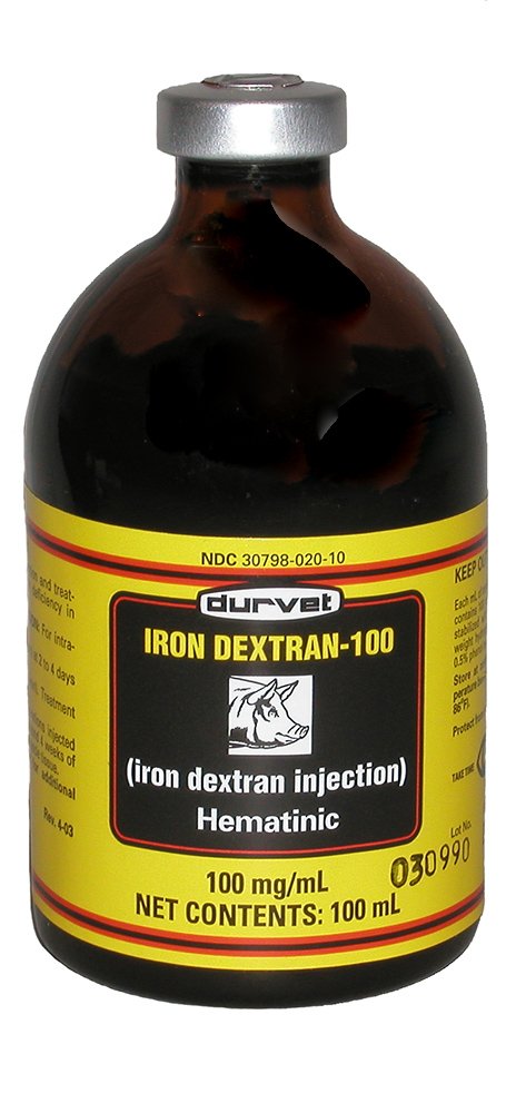 Durvet Iron Dextran emballage avant montrant flacon compact et facilité de transport