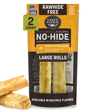 Earth Animal emballage avant montrant 2 chews pour grands chiens, praticité