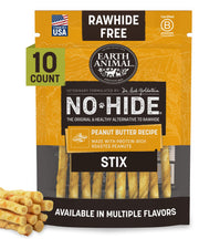 Earth Animal emballage avant montrant sticks sans rawhide, assure qualité