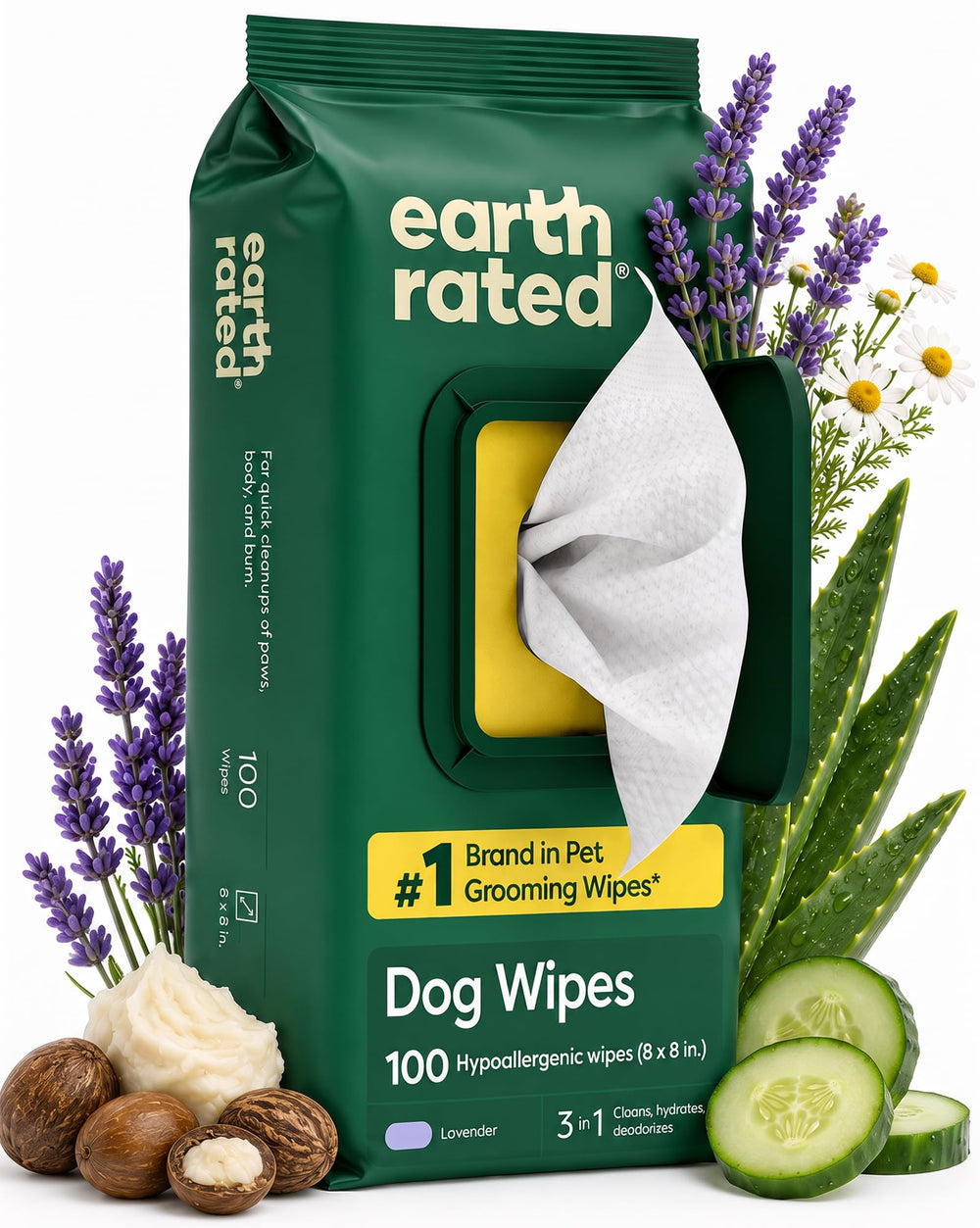 Earth Rated emballage avant montrant 100 lingettes, praticité immédiate