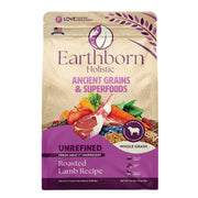 Earthborn Holistic sac d'agneau rôti en vue frontale montrant l'étiquetage et la qualité
