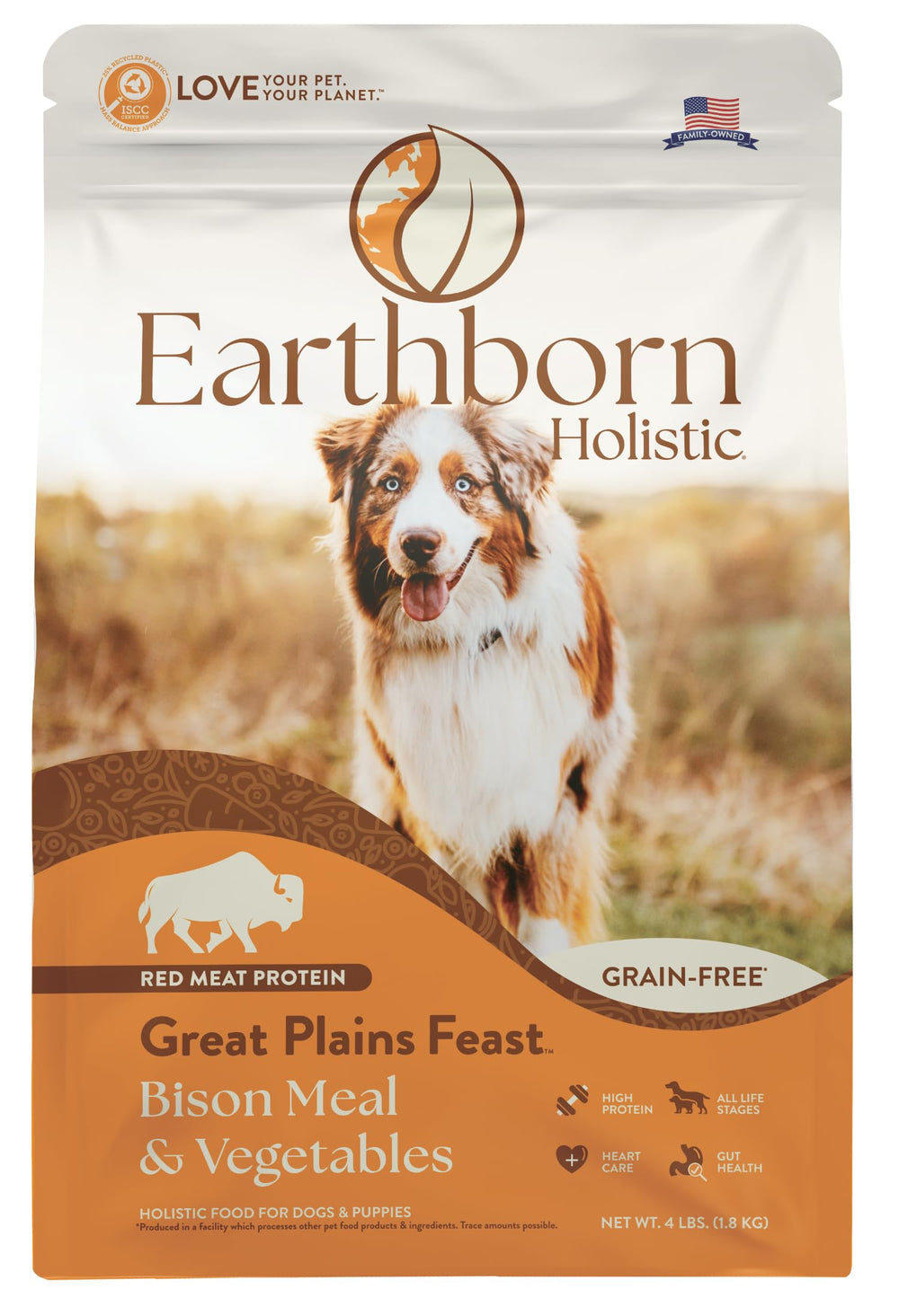 Earthborn Holistic sac Great Plains Feast vue de face montrant étiquette et bénéfices
