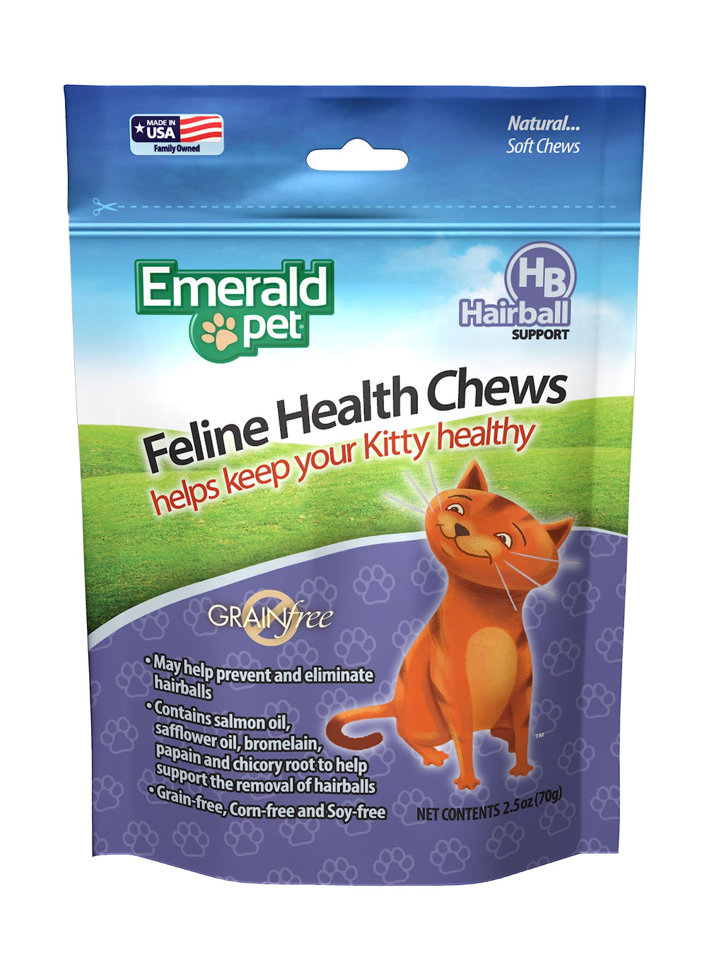 Emerald Pet emballage avant montrant produit et bénéfice prévention boules de poils