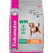 Eukanuba emballage 14 lb affichant formule contrôle du poids bénéfice gestion du poids