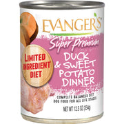 Evanger's boîte face montrant canard et patate douce, appétence garantie