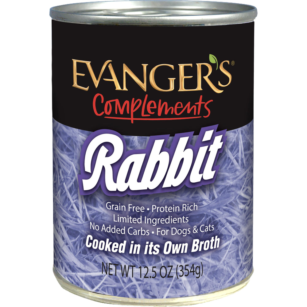Evanger's vue de face de la boîte au lapin montrant l'étiquette et l'aspect appétissant