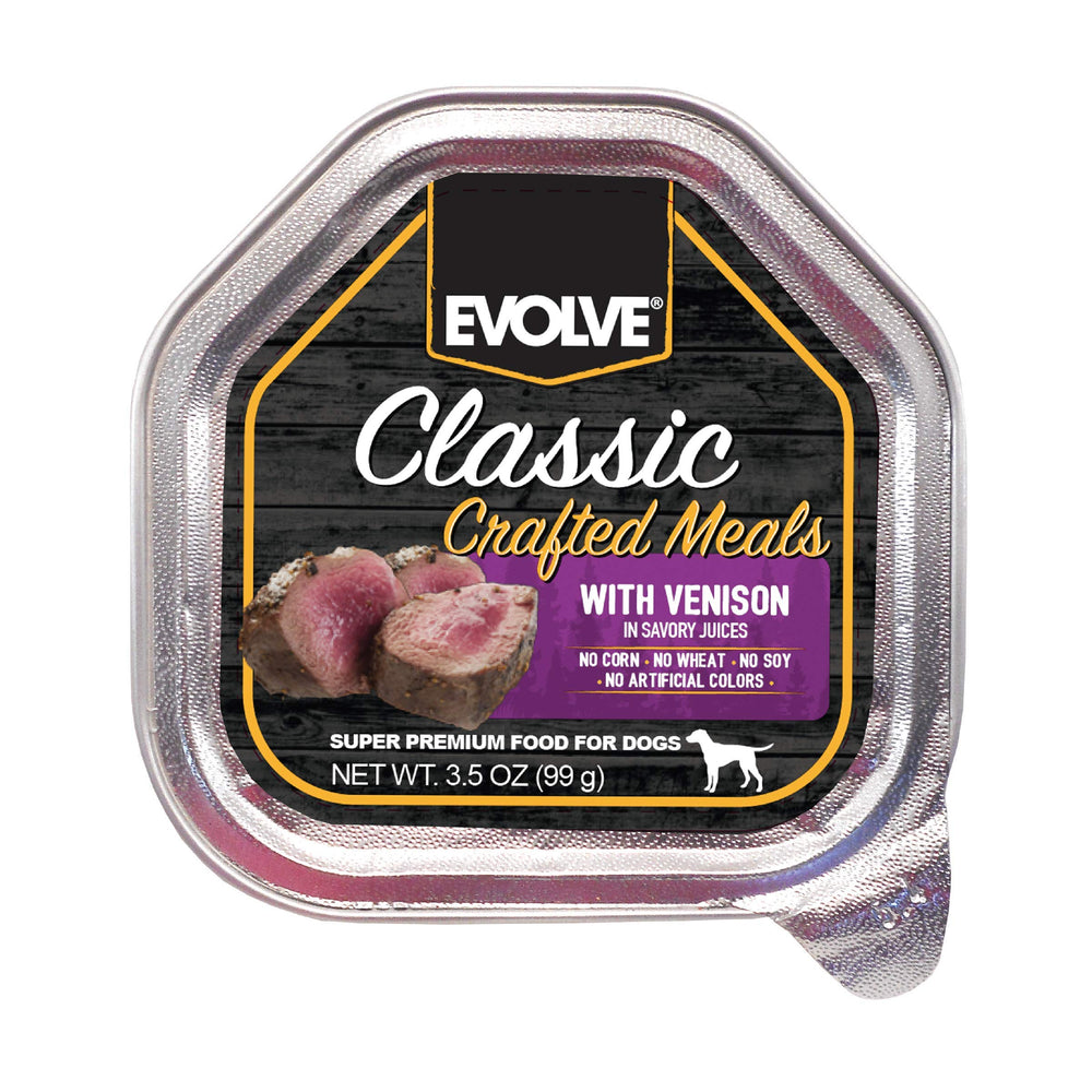 Evolve boîte venaison en vue avant montrant l'étiquette claire et l'attrait du produit