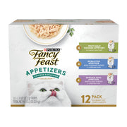 Fancy Feast face de la boîte montrant assortiment pratique et portionnable