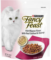 Fancy Feast face avant de la pochette montrant la recette filet mignon et fruits de mer bénéfice goût gourmet