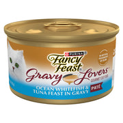 Fancy Feast boîte avant montrant poisson et thon, attrait gourmand confirmé