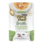 Fancy Feast bouillon emballage face montrant le design et l'usage pratique