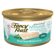 Fancy Feast emballage avant montrant le poisson blanc et format pratique
