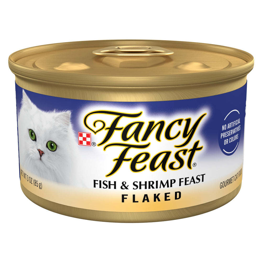 Fancy Feast emballage avant montrant les poissons et crevettes, attire le chat exigeant