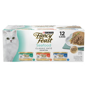 Fancy Feast face avant de la boîte montrant variété et attirance