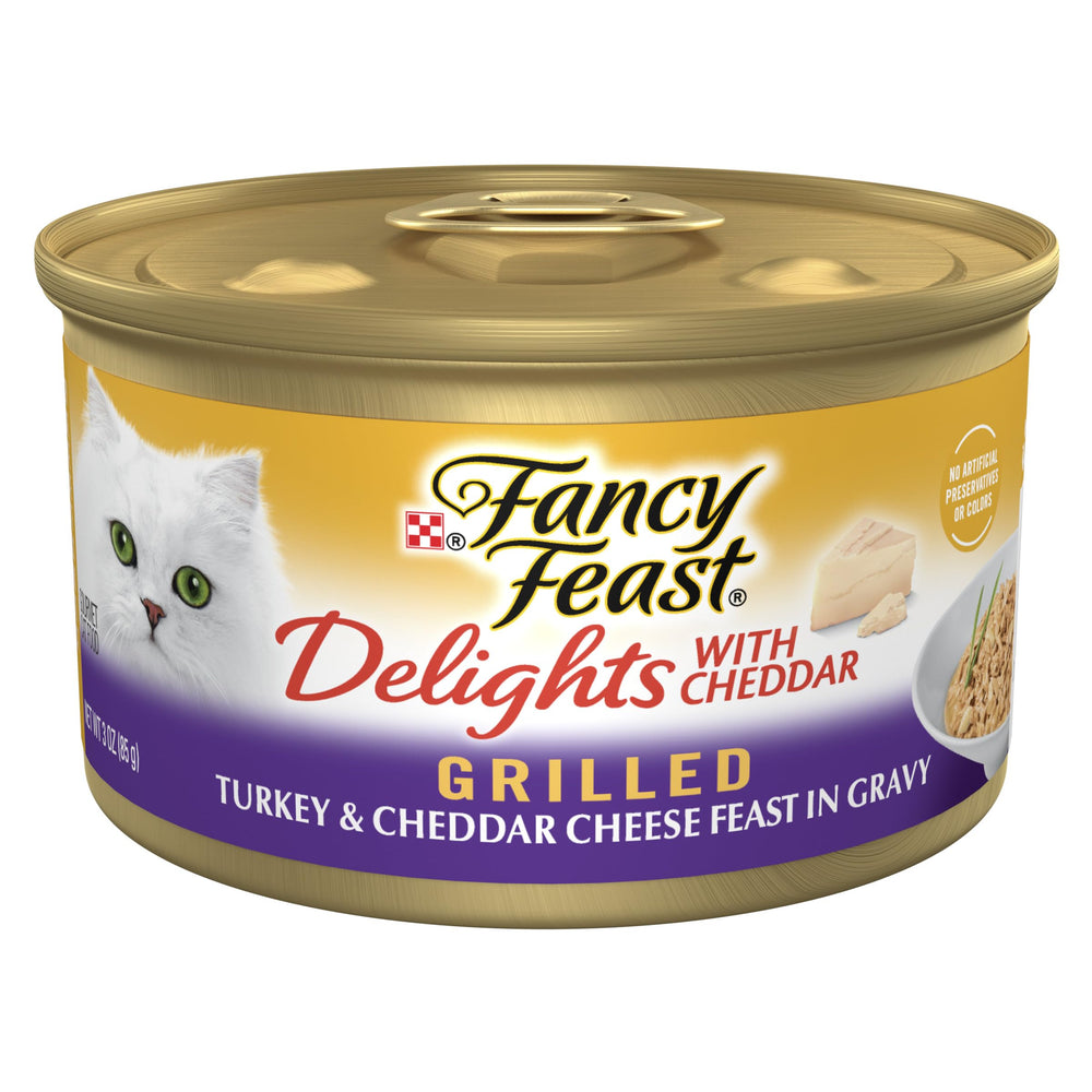 Fancy Feast boîte face avant montrant dinde grillée et cheddar, appétit stimulant