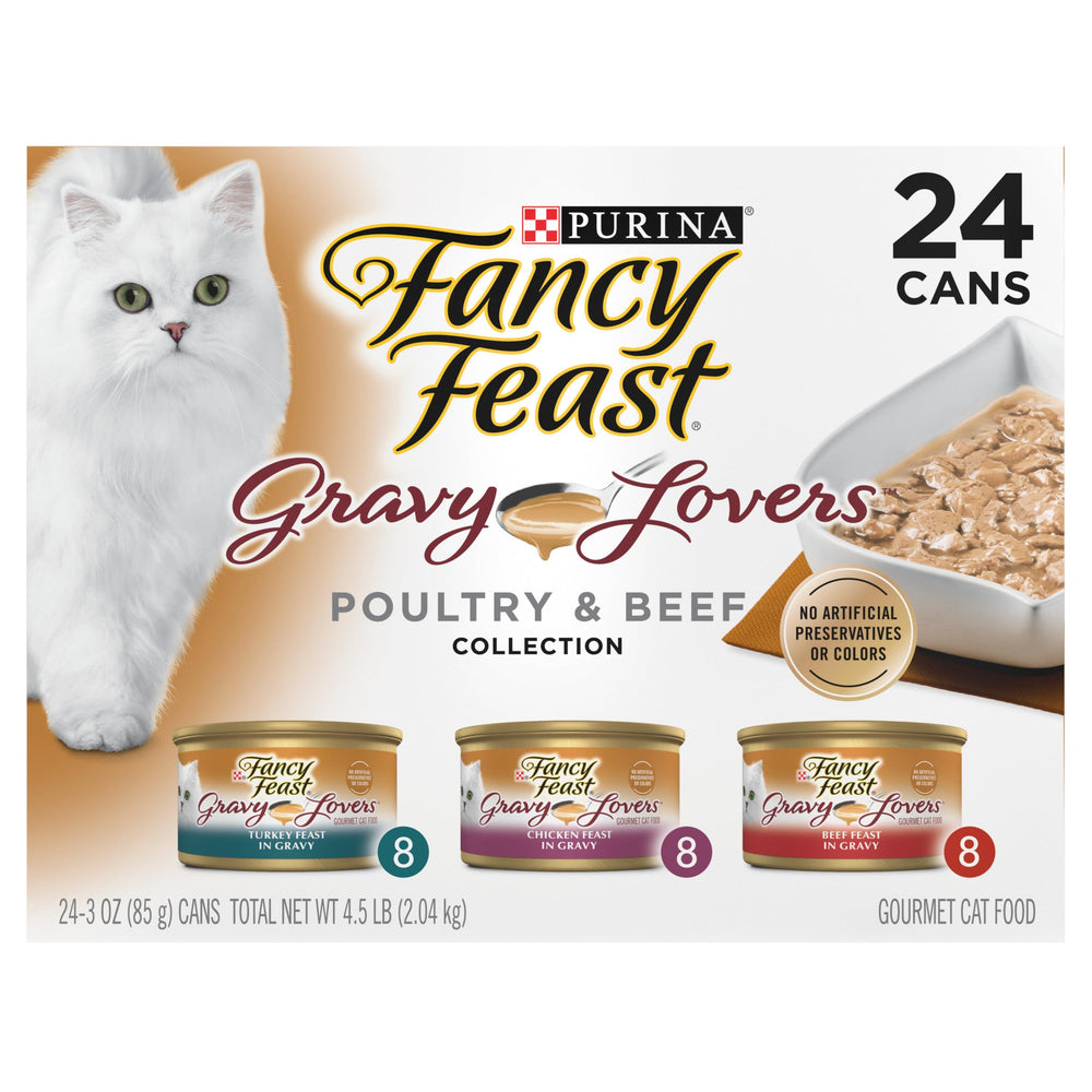 Fancy Feast face de la boîte montrant le goût volaille et bœuf et l'attrait gourmet