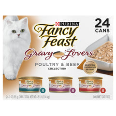 Fancy Feast face de la boîte montrant le goût volaille et bœuf et l'attrait gourmet