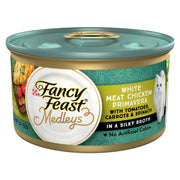 Fancy Feast étiquette avant montrant poulet primavera et bénéfice appétence