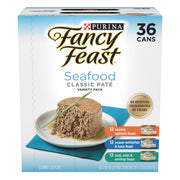 Fancy Feast emballage avant montrant assortiment fruits de mer et praticité
