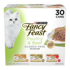 Fancy Feast emballage avant montrant le pack de 30 boîtes, pratique pour stocker