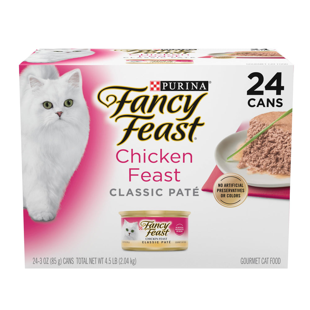 Fancy Feast étiquette de la conserve montrant la recette poulet bénéfice qualité