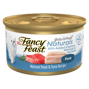 Fancy Feast face de la boîte montrant la recette truite et thon et la qualité