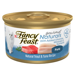 Fancy Feast face de la boîte montrant la recette truite et thon et la qualité