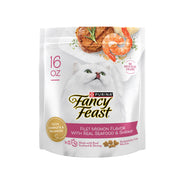 Fancy Feast Purina emballage avant montrant le lot de quatre sacs et la saveur filet mignon