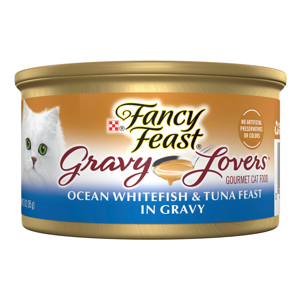 Fancy Feast Purina vue de face du packaging montrant le parfum et le format 24 boîtes bénéfice praticité