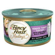 Fancy Feast face de la boîte montrant la recette dinde toscane et l'appétence