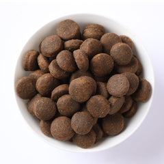 Gros plan sur croquettes Farmina montrant texture dense et appétence