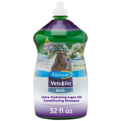 Farnam Vetrolin Bath emballage avant montrant flacon et 32 oz, facile à saisir