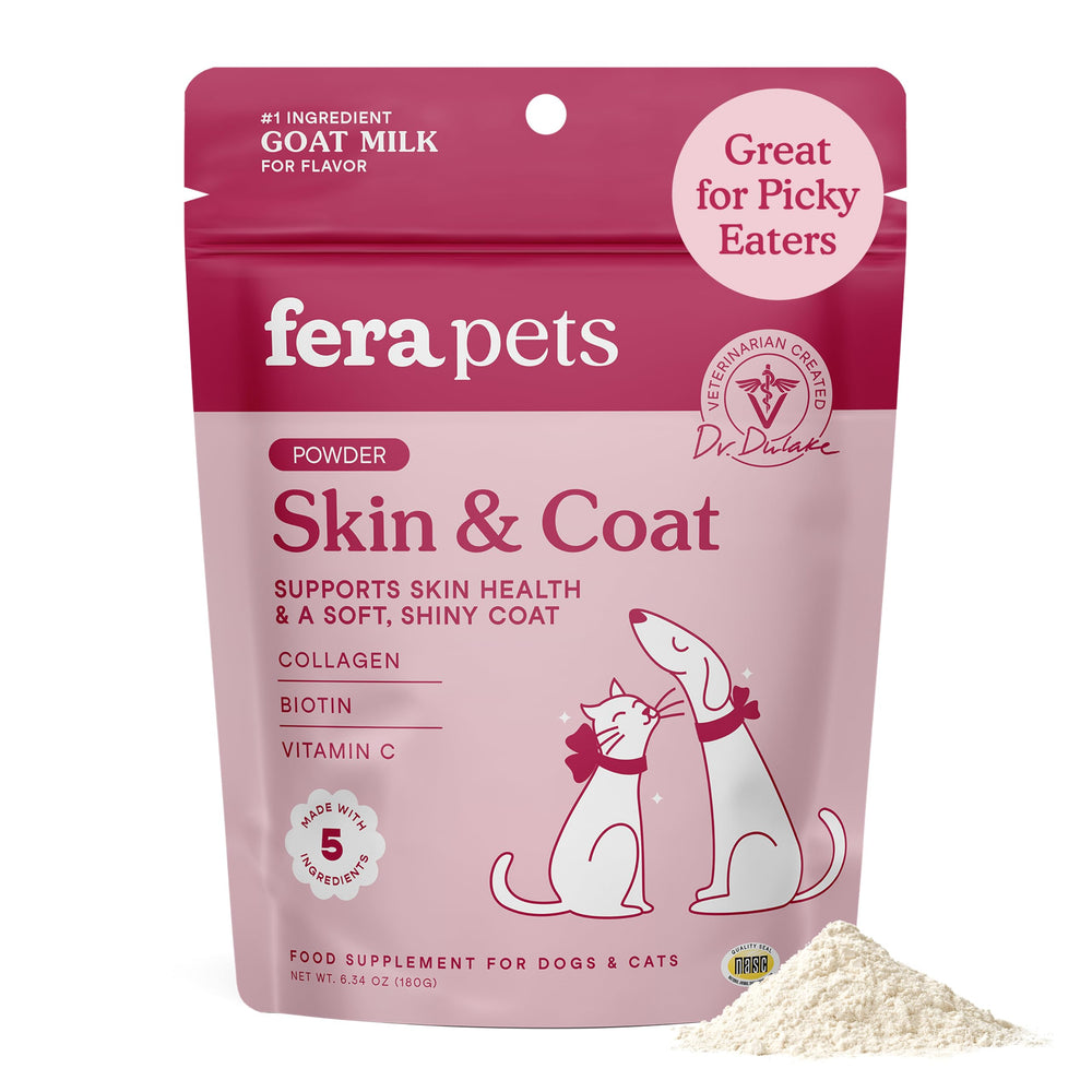 Fera Pets emballage avant montrant le produit et bénéfice d'entretien du pelage