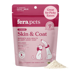 Fera Pets emballage avant montrant le produit et bénéfice d'entretien du pelage
