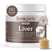 Fera Pets pot et étiquette visible montrant la formule et bénéfice foie