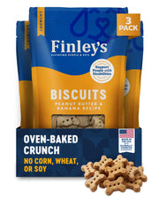 Finley's emballage avant montrant la saveur beurre de cacahuète banane et bénéfice visibilité claire