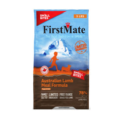 FirstMate emballage avant 5 lb montrant la recette sans céréales et l'agneau