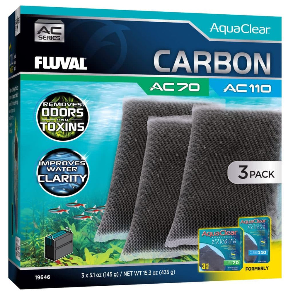 Fluval emballage avant montrant lot de 3 et compatibilité AC70/AC110 bénéfice clarté