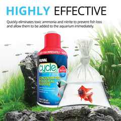 Fluval Cycle versé dans aquarium montrant action bénéfique immédiate
