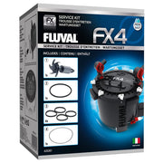 Fluval montrant l'emballage du kit FX4 avec pièces d'origine pour entretien rapide