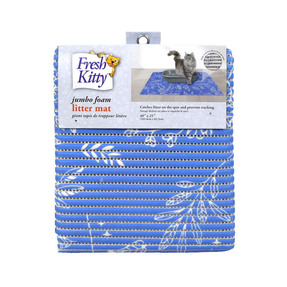Fresh Kitty tapis face avant montrant le motif floral bleu et la grande surface, protège le sol