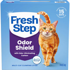 Fresh Step boîte avant montrant 14 lb et formule multi cat pour contrôle d’odeur