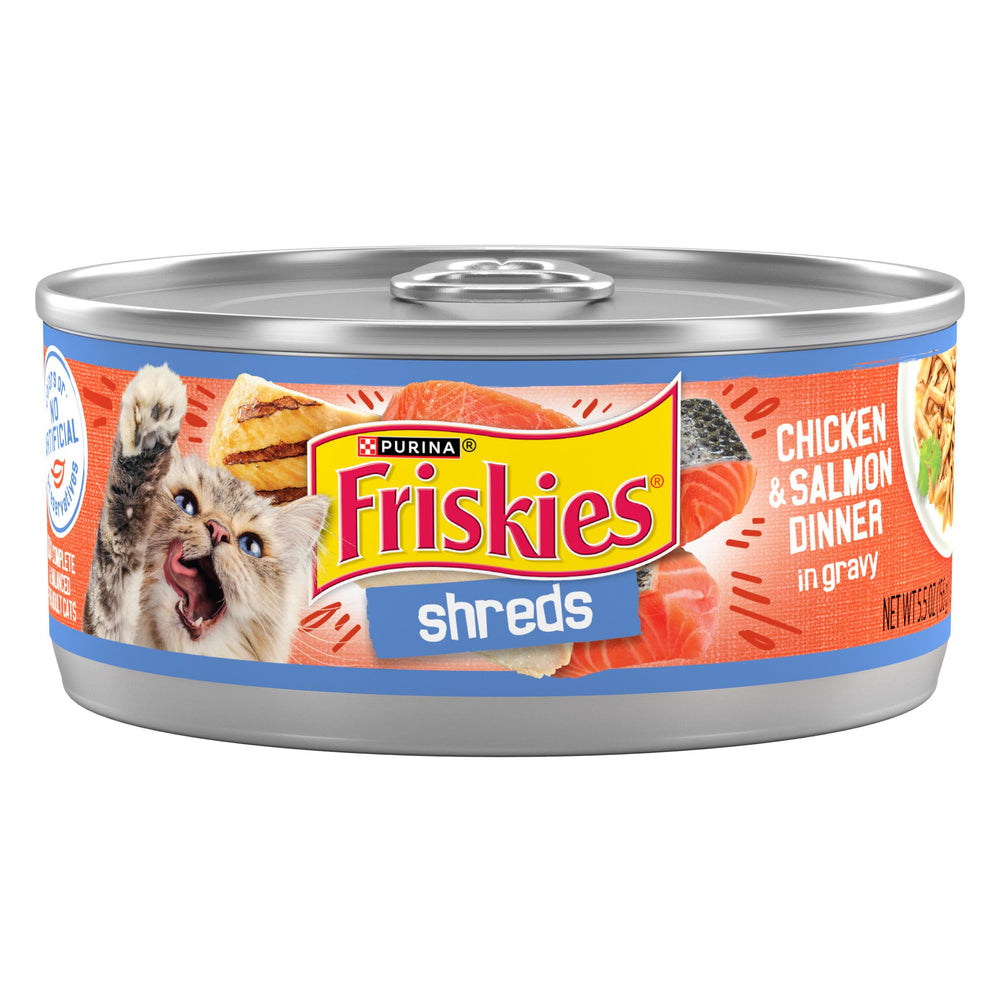 Friskies boîte face poulet et saumon montrant l'emballage attractif et appétence
