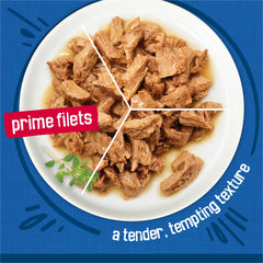 Friskies conserve ouverte révélant filets en sauce attractifs