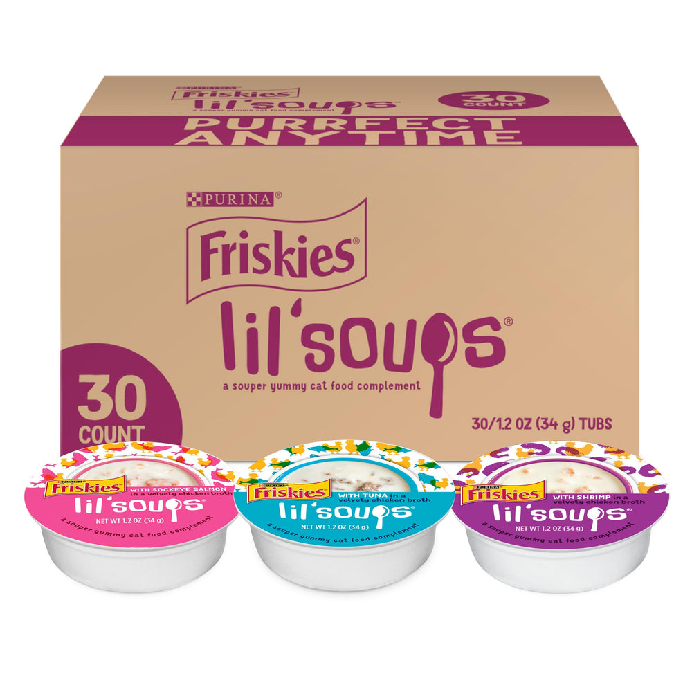 Friskies lil' soups avant-boite montrant le pack pratique et la variété